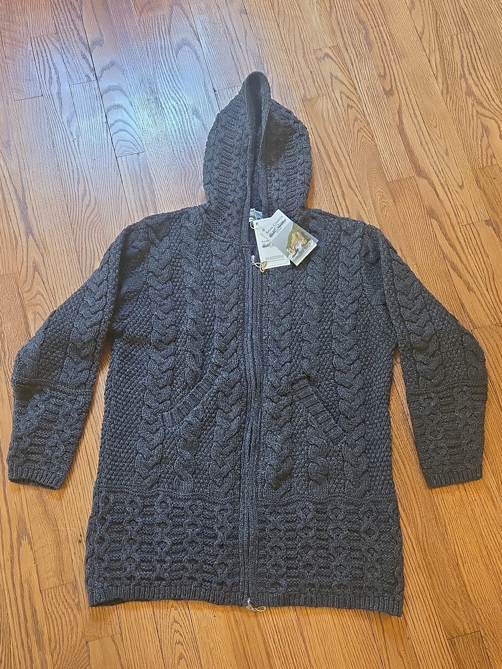 Ireland Hooded Aran 100% Merino Wool Sweater w/ Zipper NEW Tags
